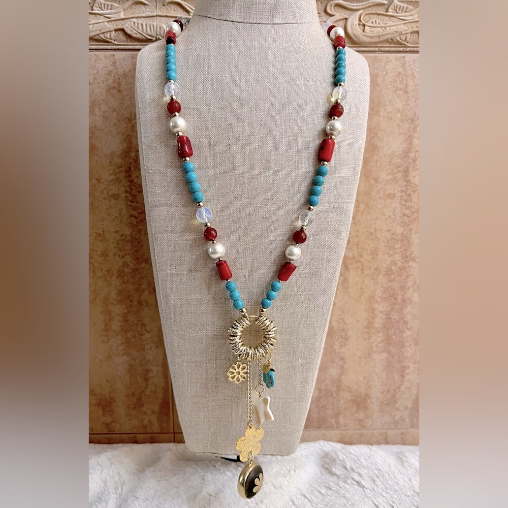 Artisan handmade turquoise and red jasper long necklace